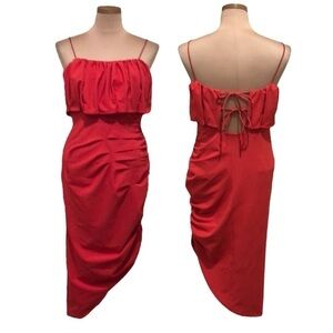 Cinq a Sept Christa Asymmetrical Ruched Dress Size 8 Red Open Back